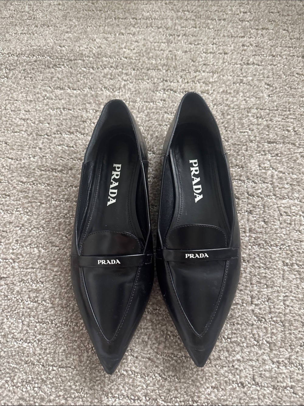 Prada Black Pointed Leather Loafers with Logo Strap